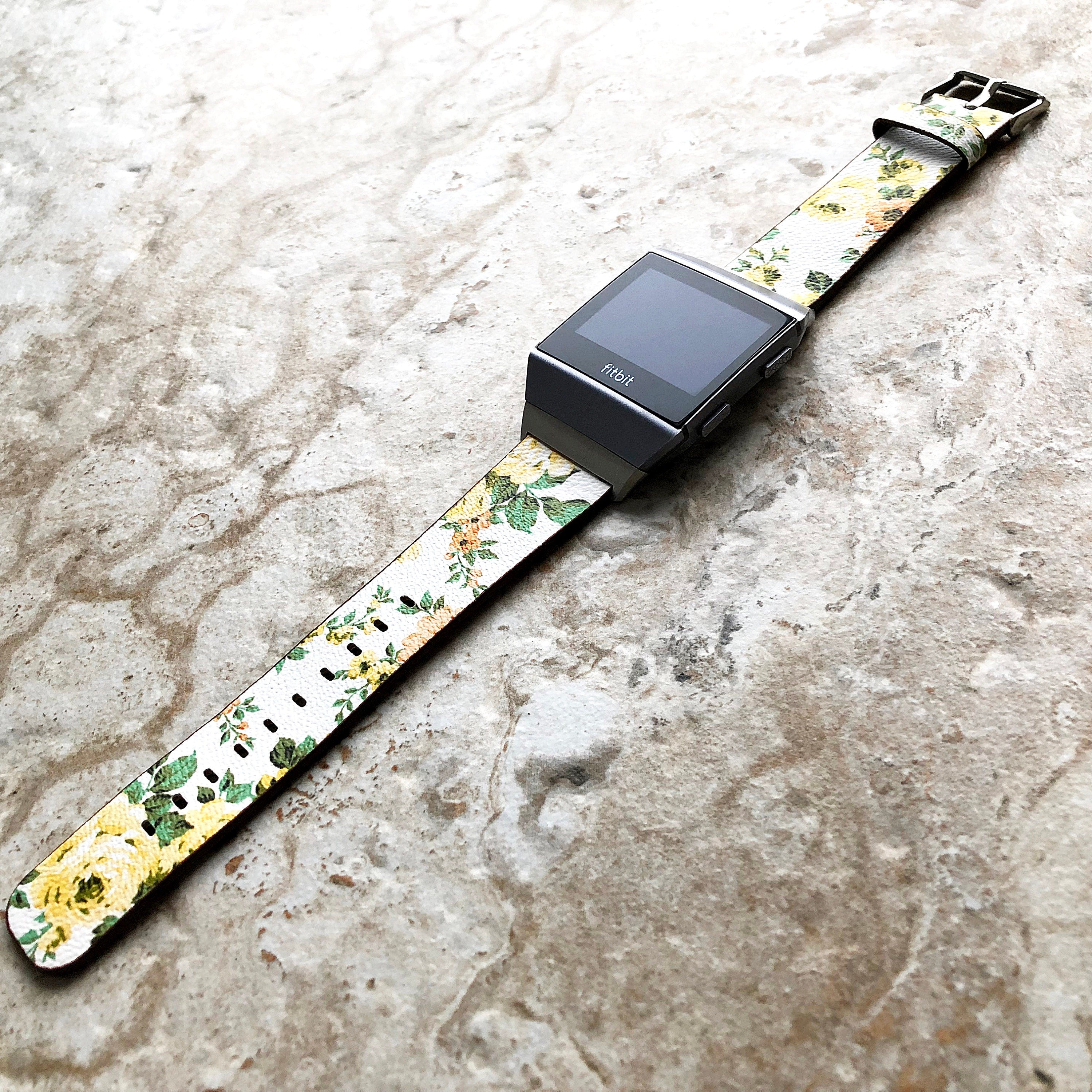 Fitbit Ionic Yellow Floral FL-1 Soft Leather Band Strap for Watch Band Strap with Quick Release Adapters in Silver Rose Gold Black
